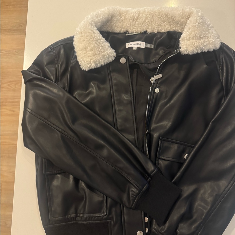 Calvin Klein Black Jacket with Cream Shearling Collar
